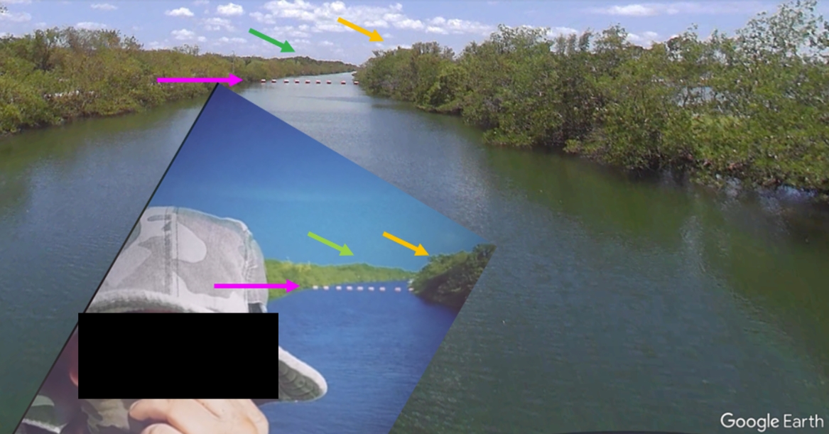 Superponiendo la captura de pantalla con Google Street View, podemos hacer coincidir las características de los manglares y la distribución y cantidad de elementos flotantes. Fuente: TikTok y Google Earth. Anotaciones por Bellingcat