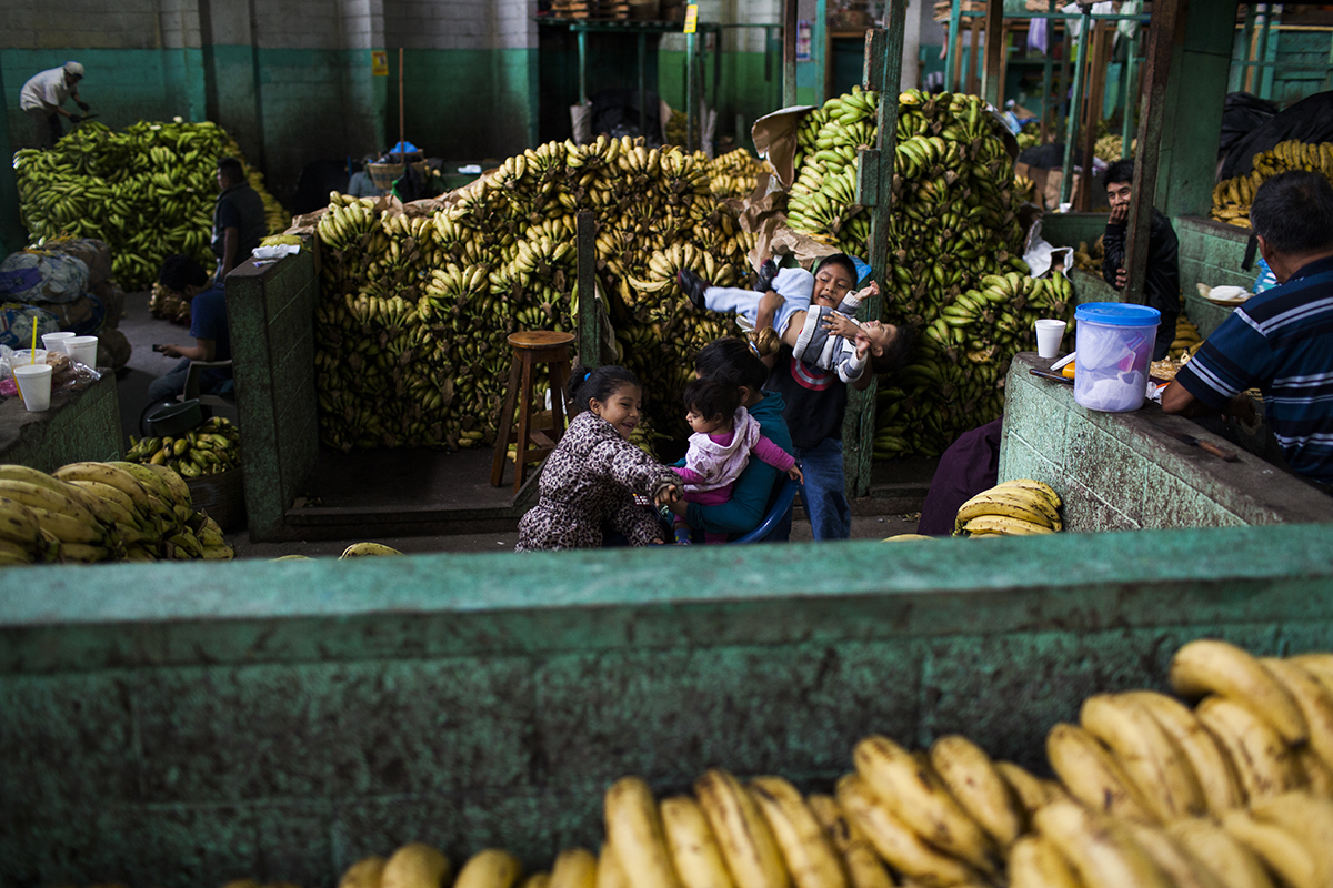 Una familia empieza un nuevo día en el sector de venta del plátano