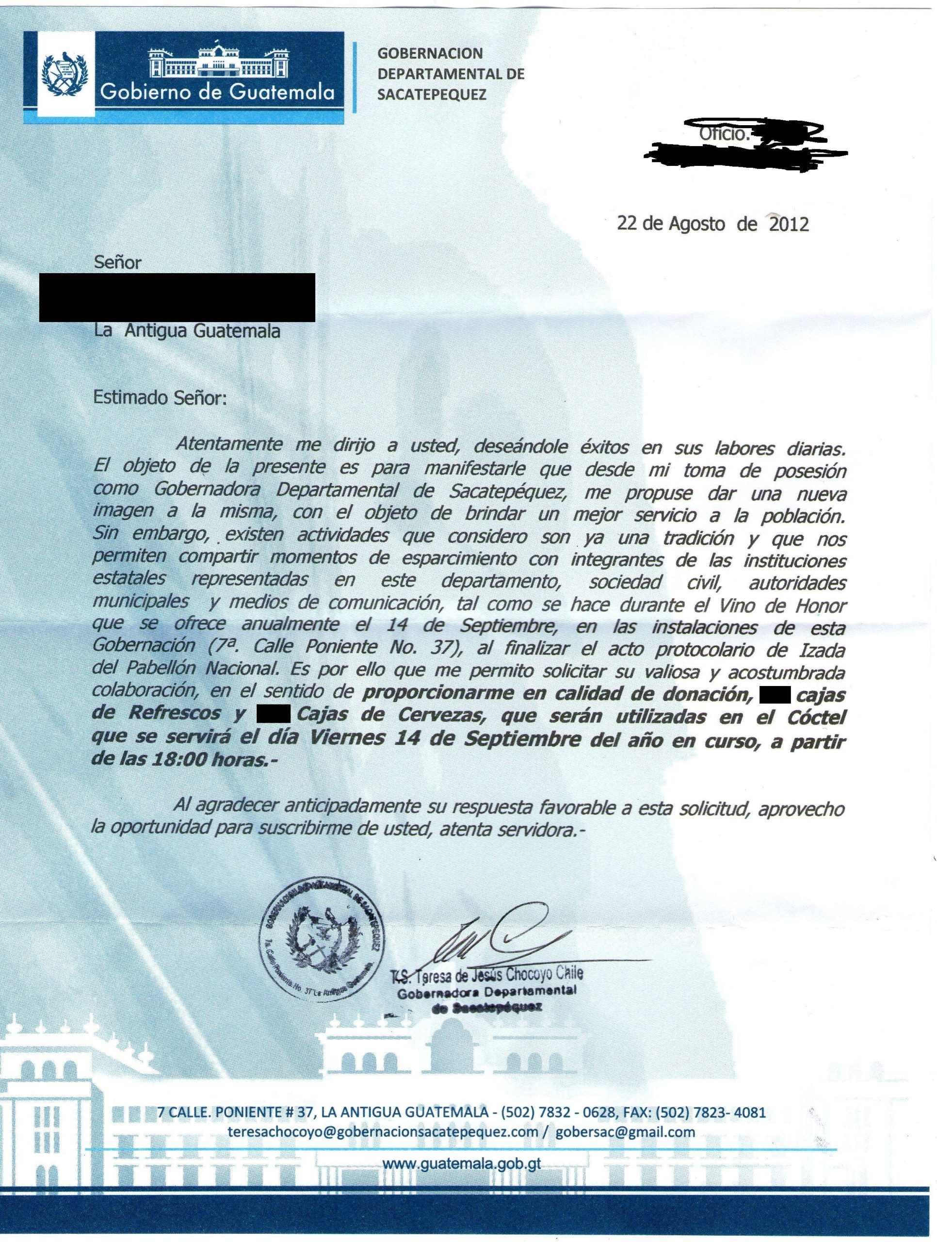 Carta enviada por la Gobernadora a empresarios de la Antigua